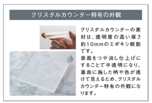 クリスタルカウンターの外観と材質の透明性を解説する図。指で持つ透明シートと半透明サンプル。