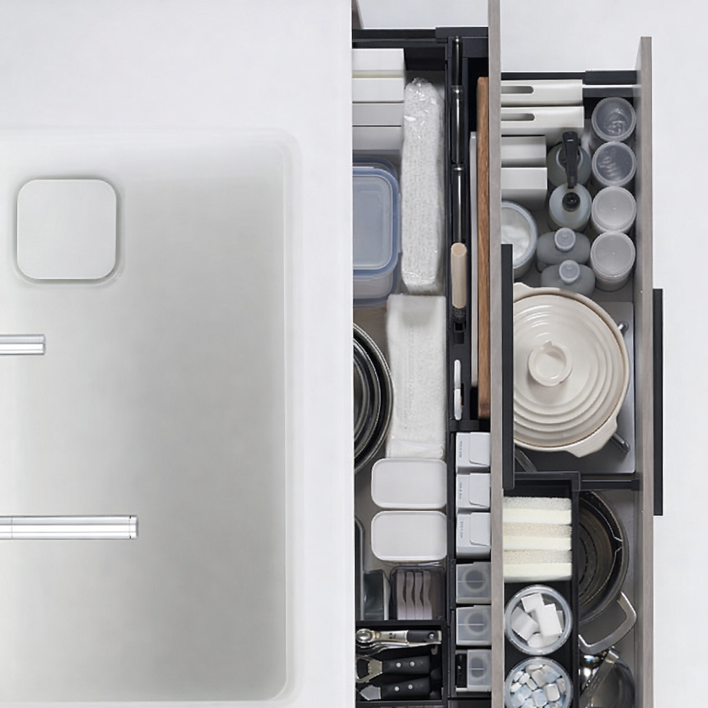 ラップやツールが立てて入り、さっと取り出せる 