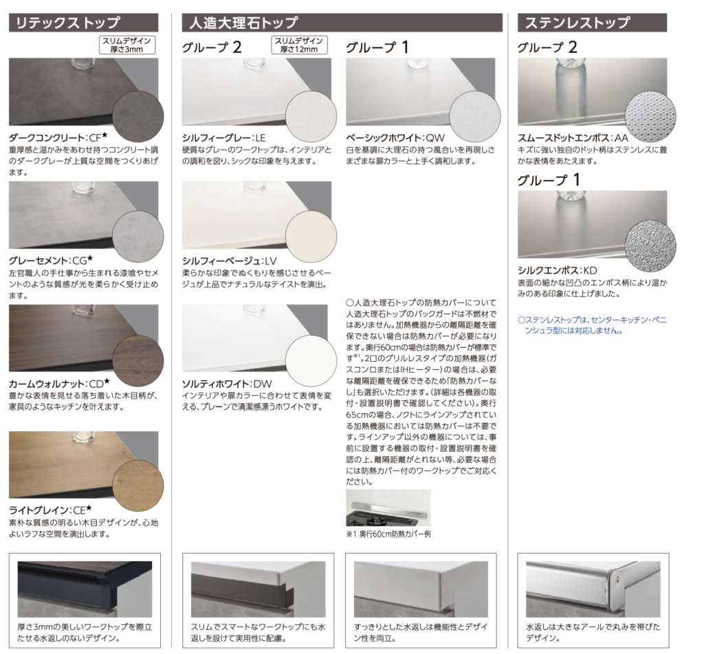 ノクトで選ぶことのできるワークトップ一覧.2026.3月時点