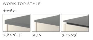 クチーナでは人造大理石の場合は３つの基本パターンから天板のデザインを選べます。
