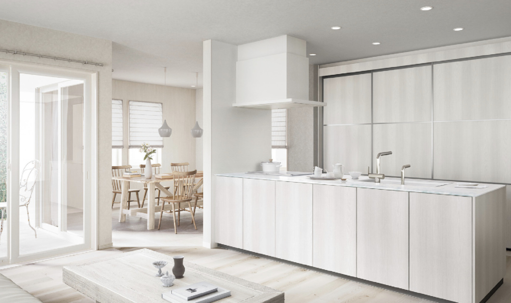 扉ヴェルミルキー×ワークトップ葉の音のレイアウト事例画像_TOTOザクラッソカタログより_アイランドキッチン+背面収納