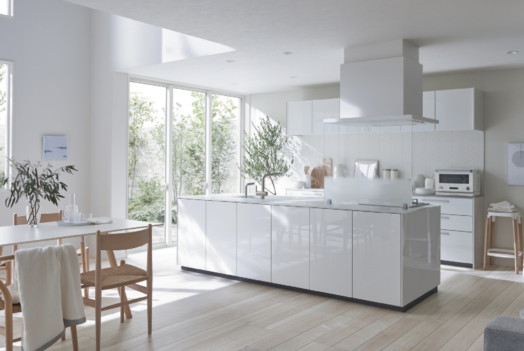 扉ペルラホワイト×ワークトップクリスタルペールグリーンのレイアウト事例画像_TOTOザクラッソカタログより_アイランドキッチン