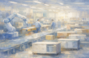 Impressionistic painting of an assembly line with a robotic arm and workers in a factory setting.